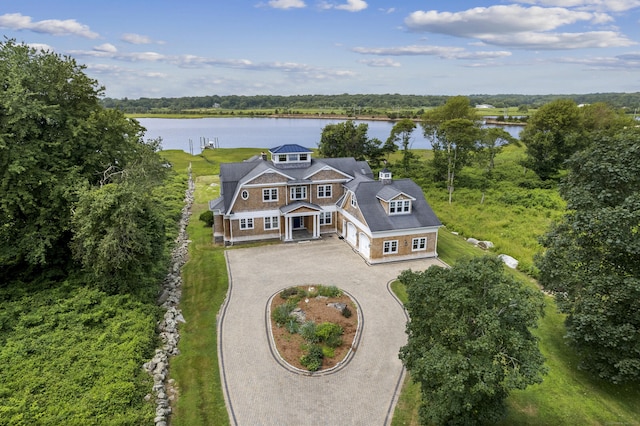 bird's eye view with a water view