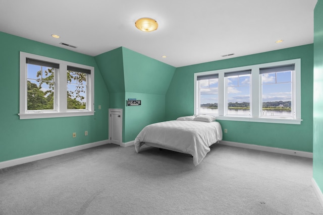 bedroom with carpet and lofted ceiling