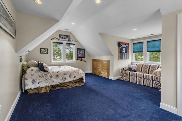 carpeted bedroom with lofted ceiling, baseboards, and recessed lighting