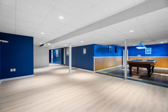 rec room featuring billiards, a drop ceiling, a wainscoted wall, wood finished floors, and recessed lighting