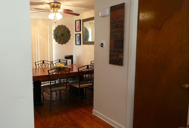 dining area featuring ceiling fan and dark wood-type flooring