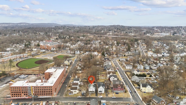 drone / aerial view featuring a mountain view