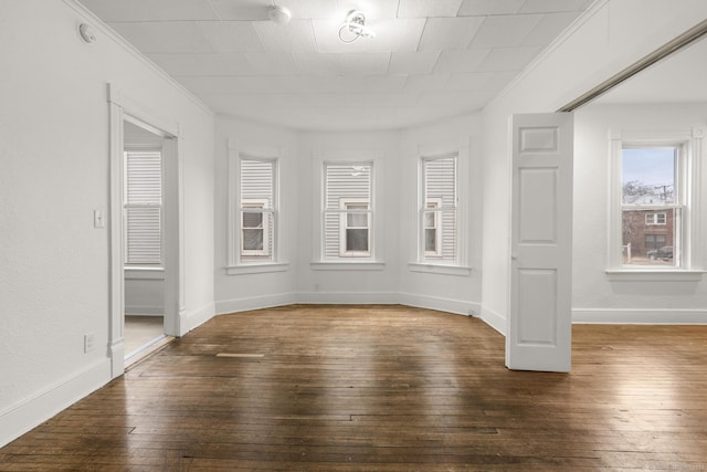 spare room with dark hardwood / wood-style flooring and crown molding