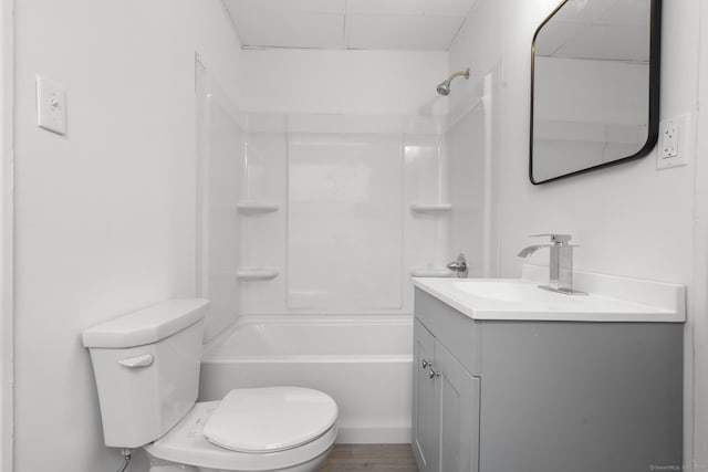 full bathroom with shower / bathing tub combination, vanity, toilet, and wood-type flooring