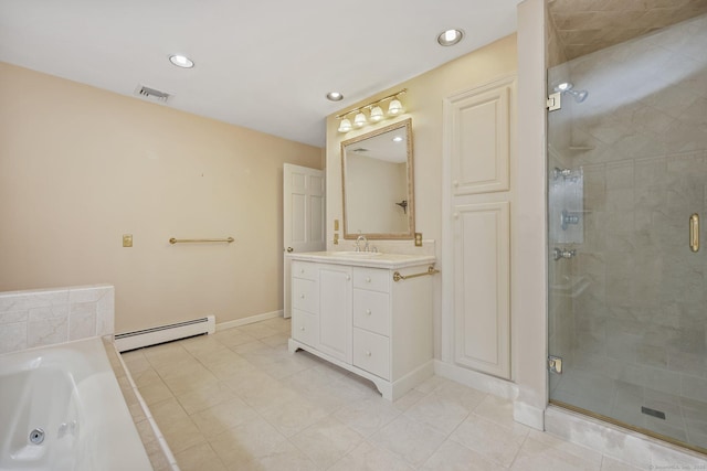 bathroom featuring a baseboard radiator, vanity, tile patterned floors, and plus walk in shower