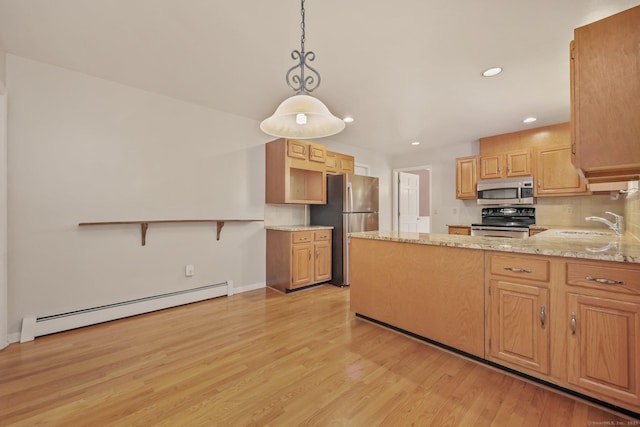 kitchen with pendant lighting, appliances with stainless steel finishes, a baseboard heating unit, decorative backsplash, and kitchen peninsula