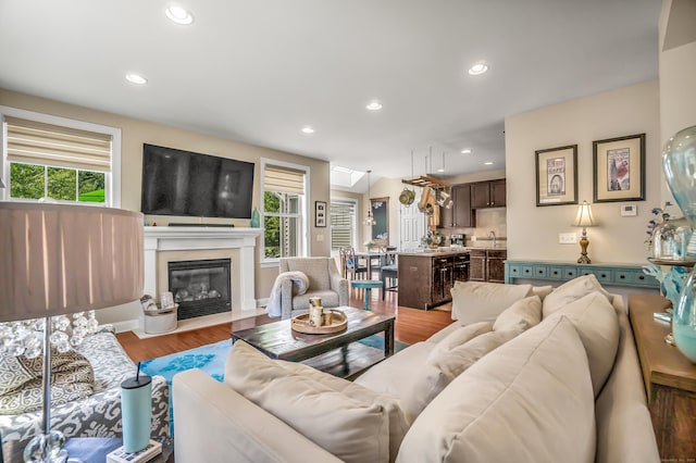 living room with sink and light hardwood / wood-style flooring