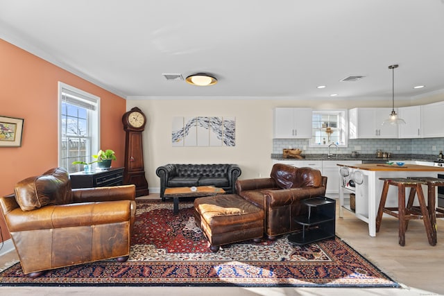 living room featuring sink, light hardwood / wood-style floors, and ornamental molding