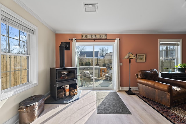 doorway to outside featuring ornamental molding, light wood-type flooring, a wood stove, and a healthy amount of sunlight