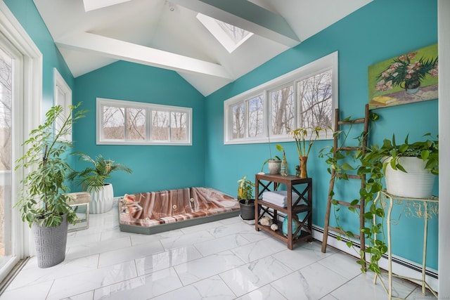 sitting room featuring vaulted ceiling with skylight, a healthy amount of sunlight, and a baseboard heating unit