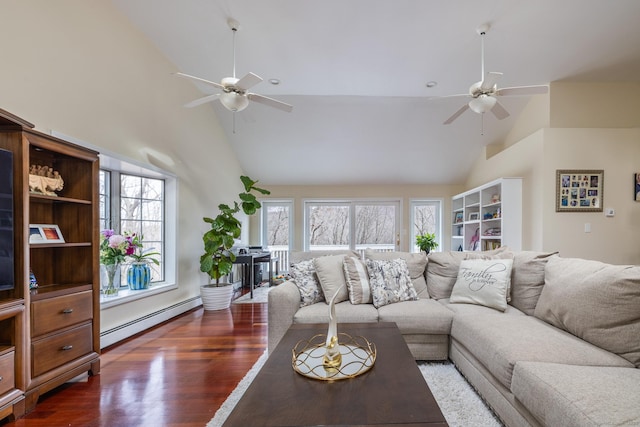 living room with high vaulted ceiling, baseboard heating, dark wood-type flooring, and ceiling fan