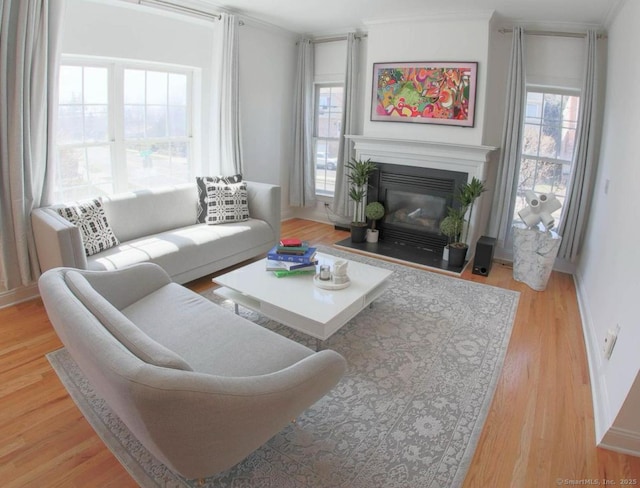 living room featuring a wealth of natural light, light hardwood / wood-style floors, and ornamental molding