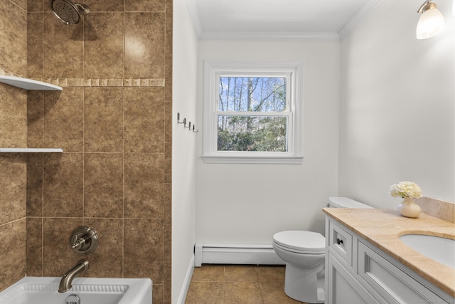 full bath with vanity, tile patterned flooring, crown molding, toilet, and baseboard heating