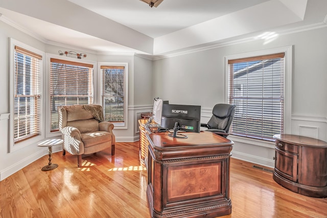 office area featuring a healthy amount of sunlight, a tray ceiling, light hardwood / wood-style flooring, and ornamental molding