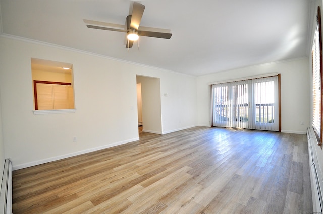 empty room with light wood-type flooring, ceiling fan, and crown molding