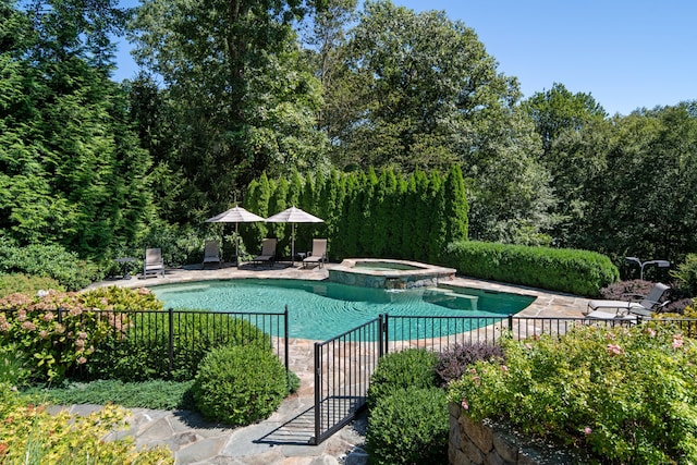 view of pool with an in ground hot tub and a patio