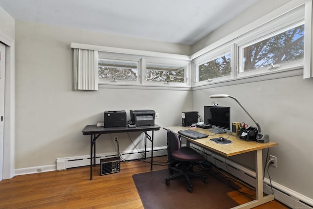 office area featuring hardwood / wood-style floors and a baseboard radiator