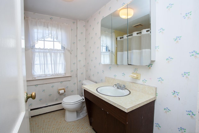 bathroom with vanity, tile patterned flooring, toilet, a baseboard radiator, and curtained shower