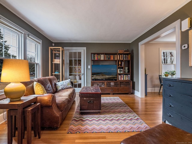 living room with ornamental molding and light hardwood / wood-style flooring