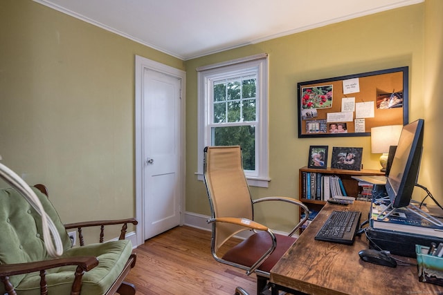 office area with crown molding and light hardwood / wood-style floors