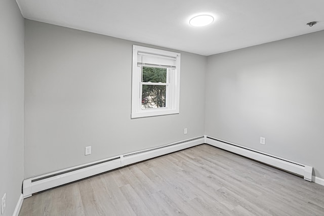 unfurnished room featuring light hardwood / wood-style floors and a baseboard radiator