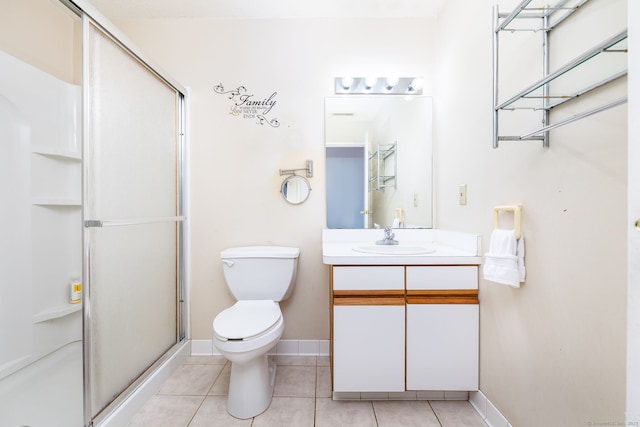 bathroom with tile patterned floors, vanity, toilet, and an enclosed shower