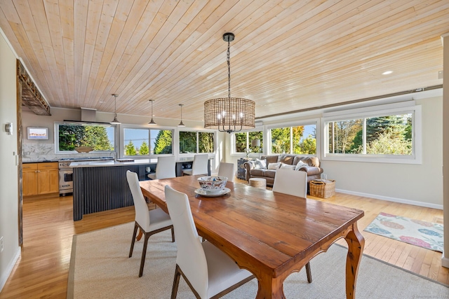 dining room with a notable chandelier, light hardwood / wood-style floors, and wooden ceiling