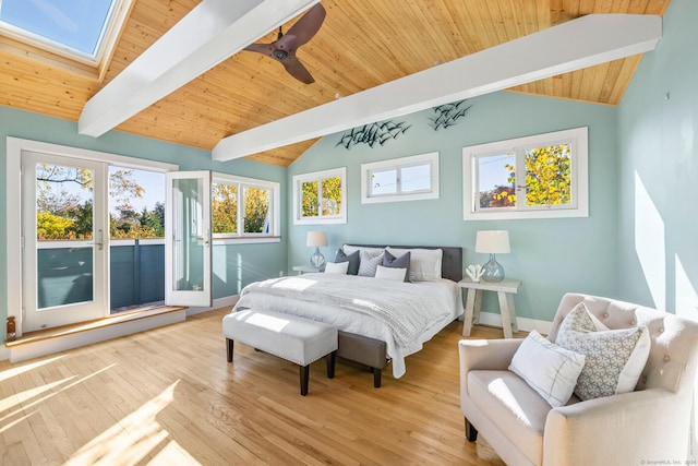 bedroom featuring access to exterior, wood ceiling, light hardwood / wood-style flooring, and vaulted ceiling with skylight