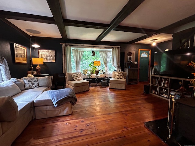 living room featuring beamed ceiling, hardwood / wood-style flooring, and coffered ceiling