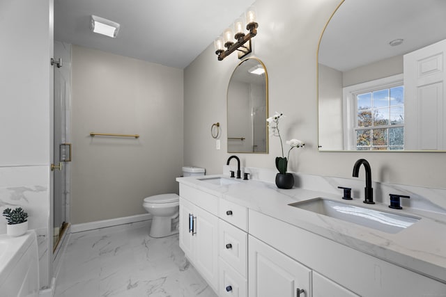 full bathroom featuring vanity, separate shower and tub, and toilet