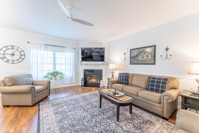 living room with wood-type flooring, ceiling fan, and ornamental molding