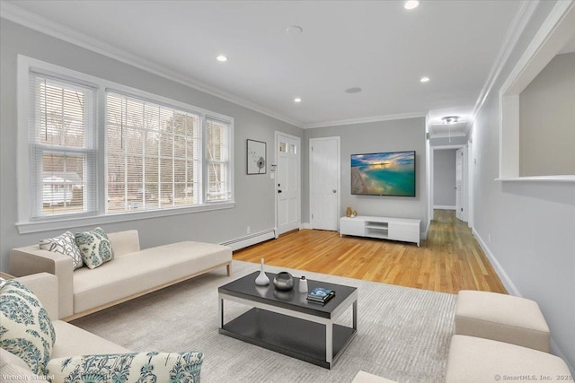 living room featuring wood-type flooring, a baseboard radiator, and ornamental molding