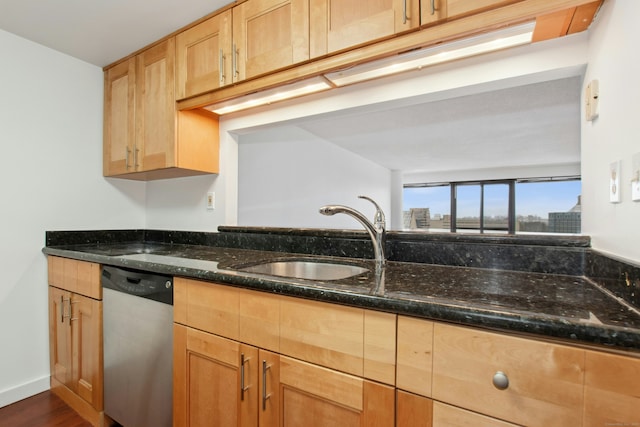 kitchen with dishwasher, sink, dark stone counters, and dark wood-type flooring