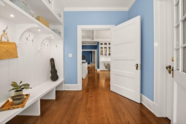 mudroom featuring crown molding and dark wood-type flooring