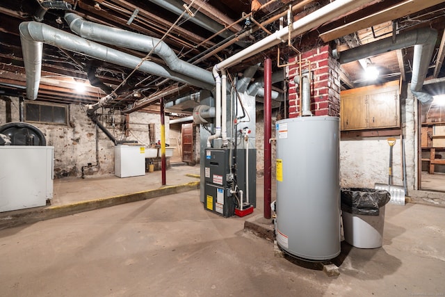 basement featuring washer / dryer, heating unit, and water heater