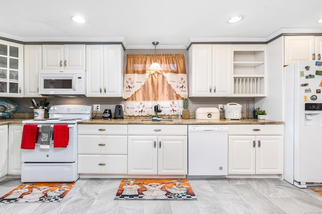 kitchen featuring white cabinetry, crown molding, sink, and white appliances