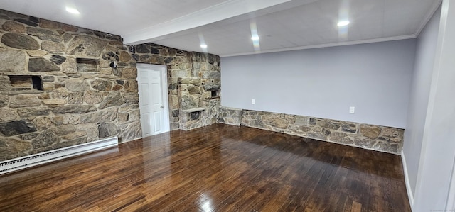 unfurnished living room featuring crown molding, beam ceiling, and wood-type flooring