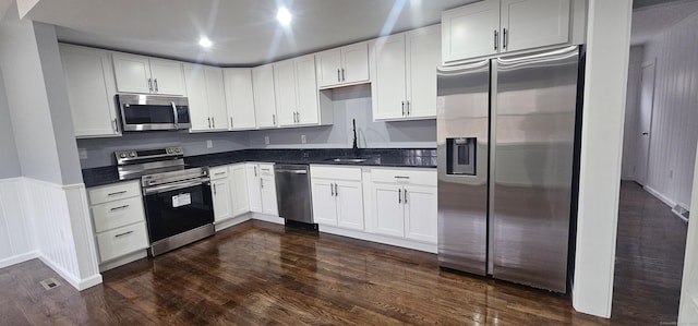 kitchen featuring sink, white cabinetry, dark hardwood / wood-style floors, and stainless steel appliances