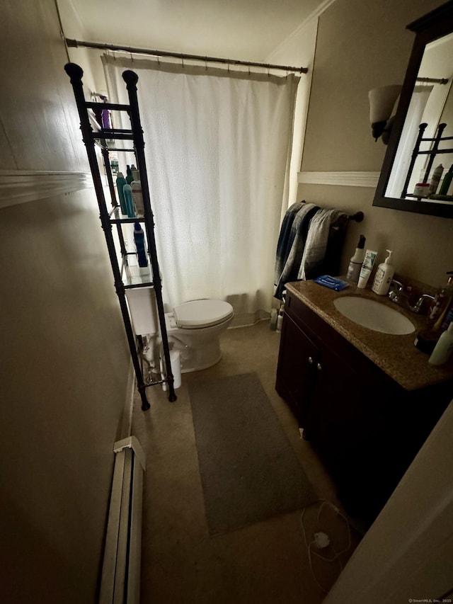 full bathroom featuring vanity, shower / bath combination with curtain, and toilet