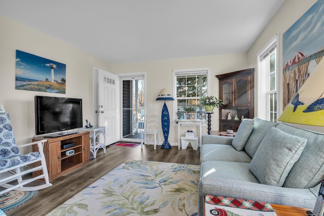 living room with dark hardwood / wood-style floors