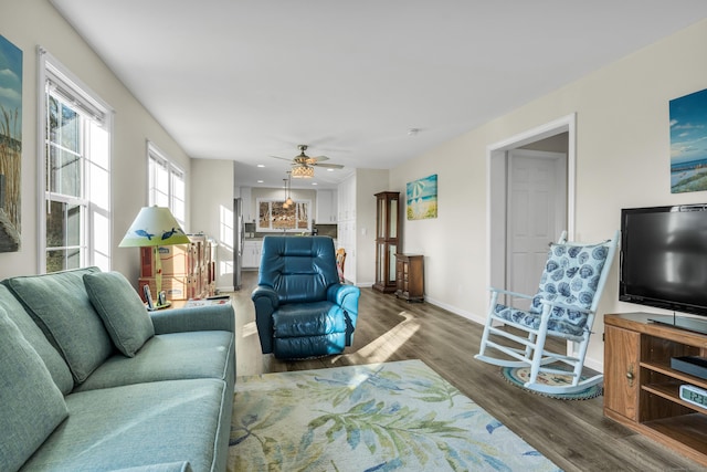 living room featuring ceiling fan and hardwood / wood-style floors