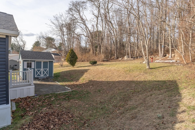 view of yard featuring a storage shed and a patio