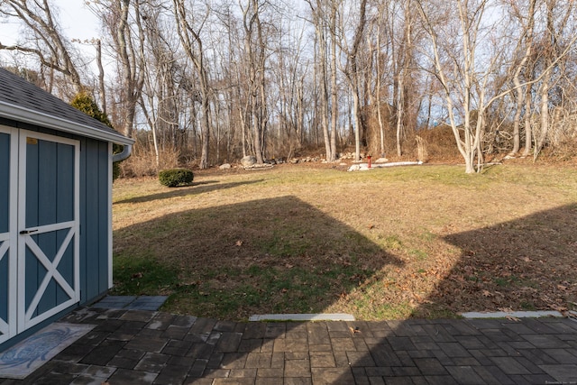 view of yard with a storage shed