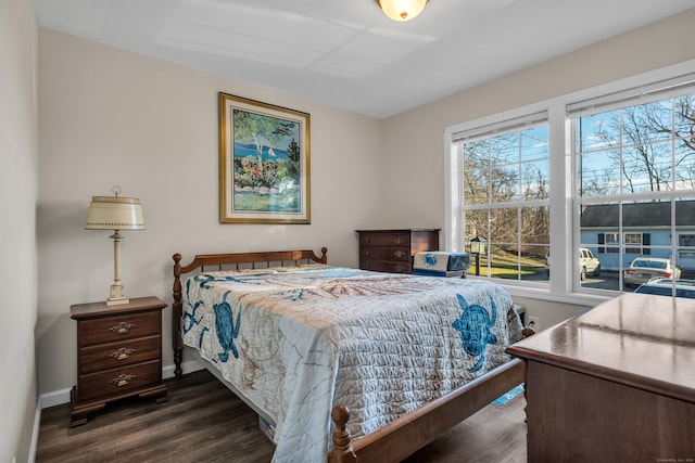 bedroom with dark hardwood / wood-style flooring and multiple windows