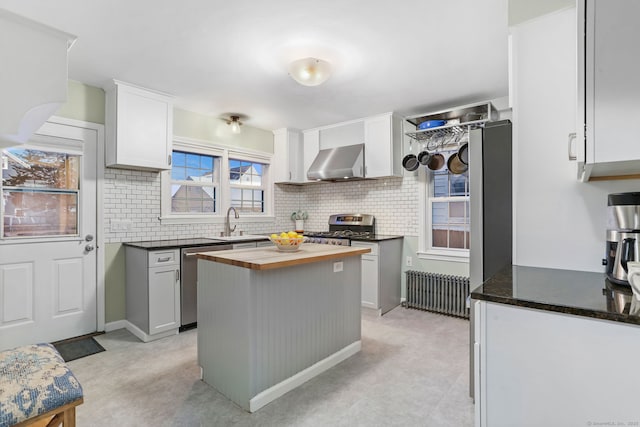 kitchen with radiator, wall chimney exhaust hood, butcher block countertops, a kitchen island, and appliances with stainless steel finishes