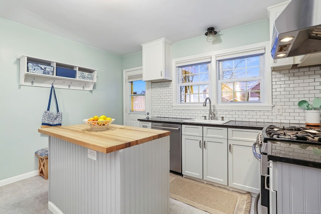 kitchen with wood counters, ventilation hood, white cabinetry, and sink