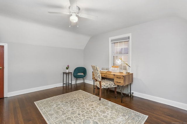 office space featuring ceiling fan, dark hardwood / wood-style floors, and lofted ceiling