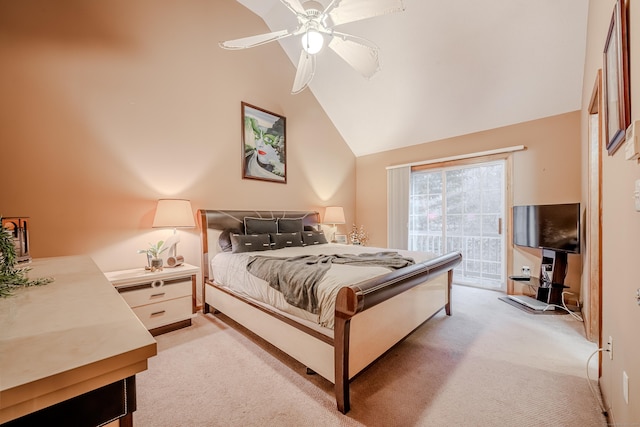 carpeted bedroom with lofted ceiling, ceiling fan, and access to exterior