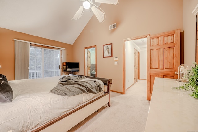 bedroom with high vaulted ceiling, access to outside, light colored carpet, and ceiling fan