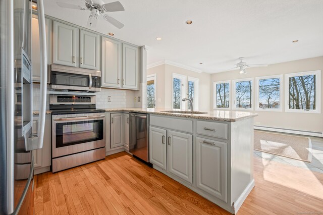 kitchen featuring stainless steel appliances, backsplash, kitchen peninsula, and sink